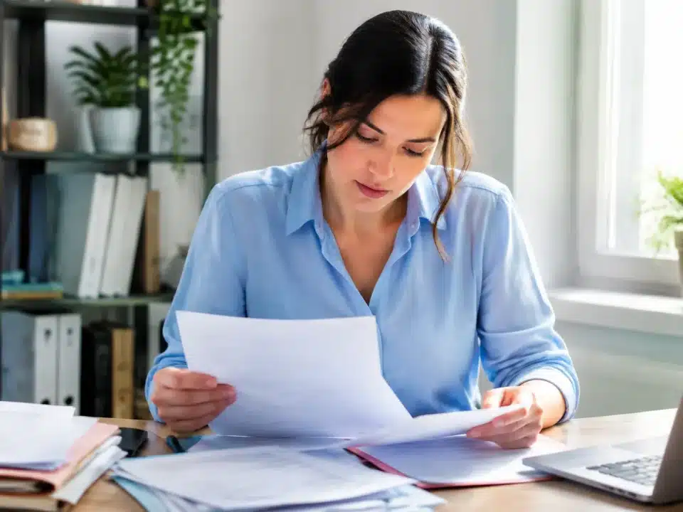 Femme assise a son bureau consultant des documents administratifs