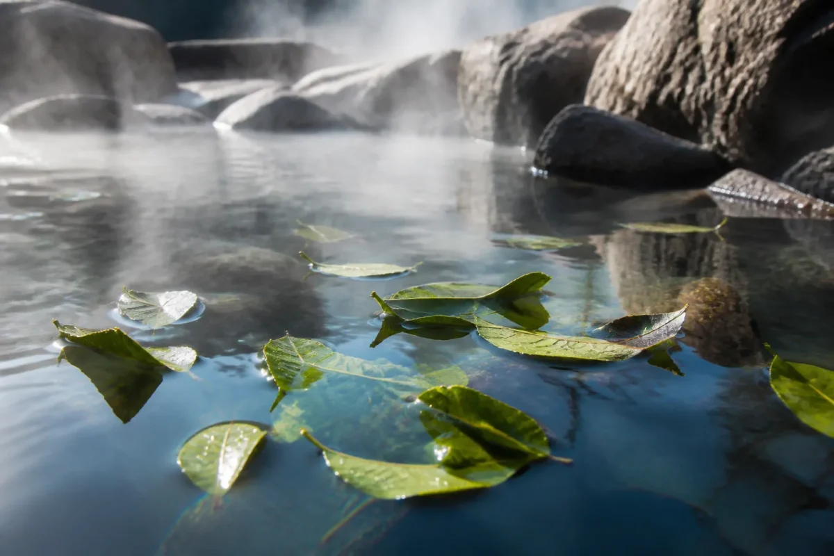 Feuilles vertes flottant dans eau thermale fumante