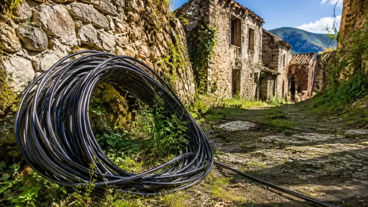 Cable optique enroule au sol devant entree village abandonnee