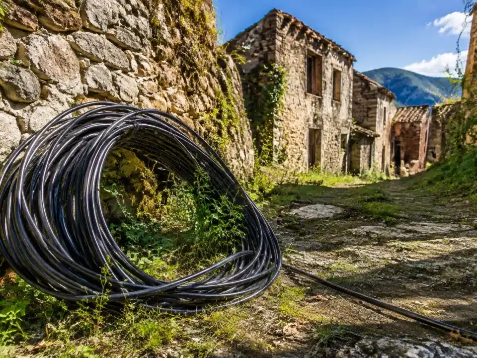 Cable optique enroule au sol devant entree village abandonnee