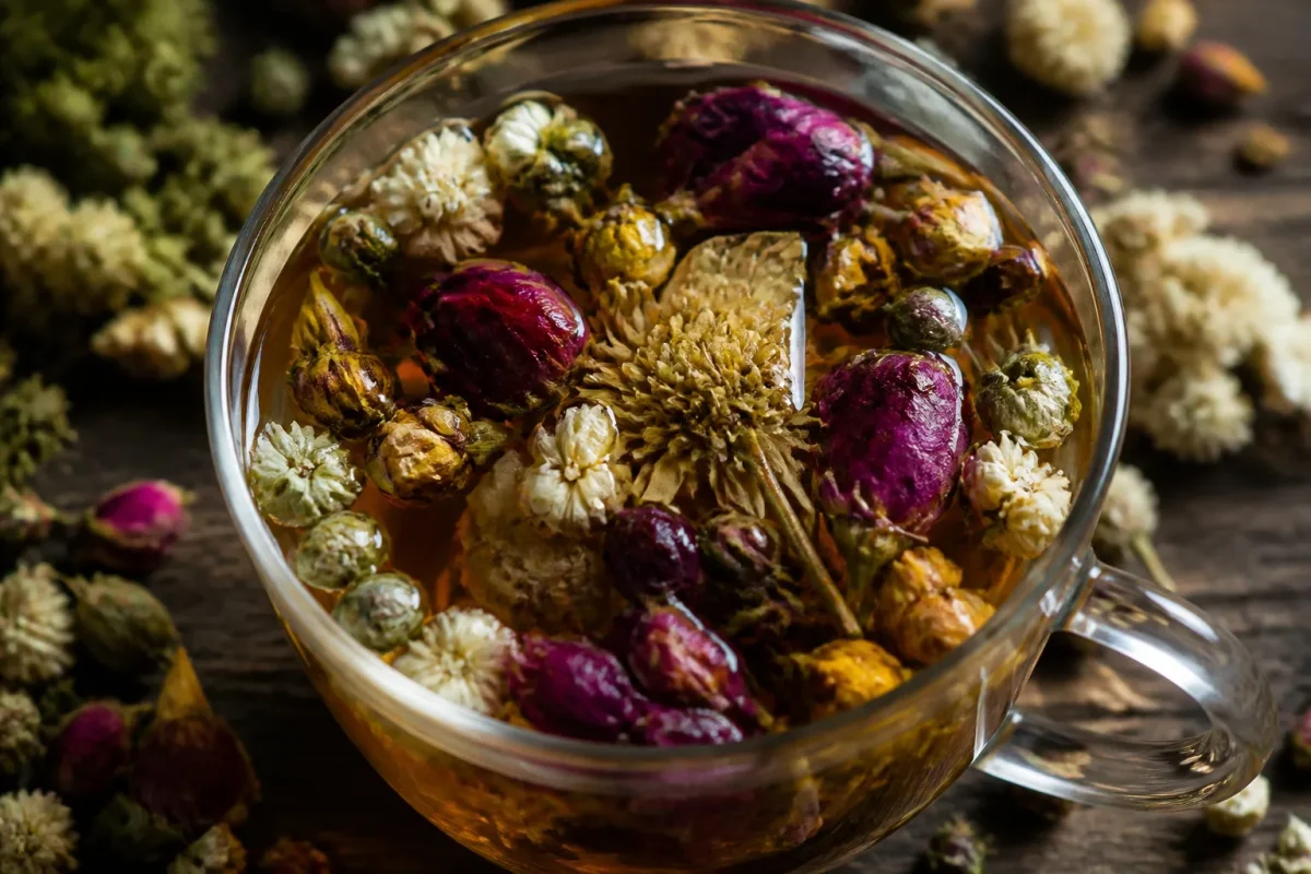 Fleurs seches qui infusent dans une eau chaude