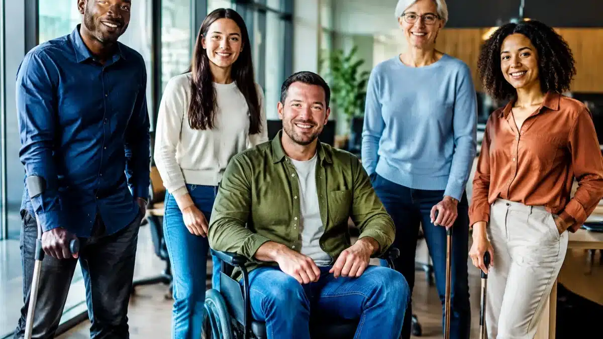 Groupe de personnes debout dans bureau administratif, certaines utilisant cannes ou fauteuils roulants