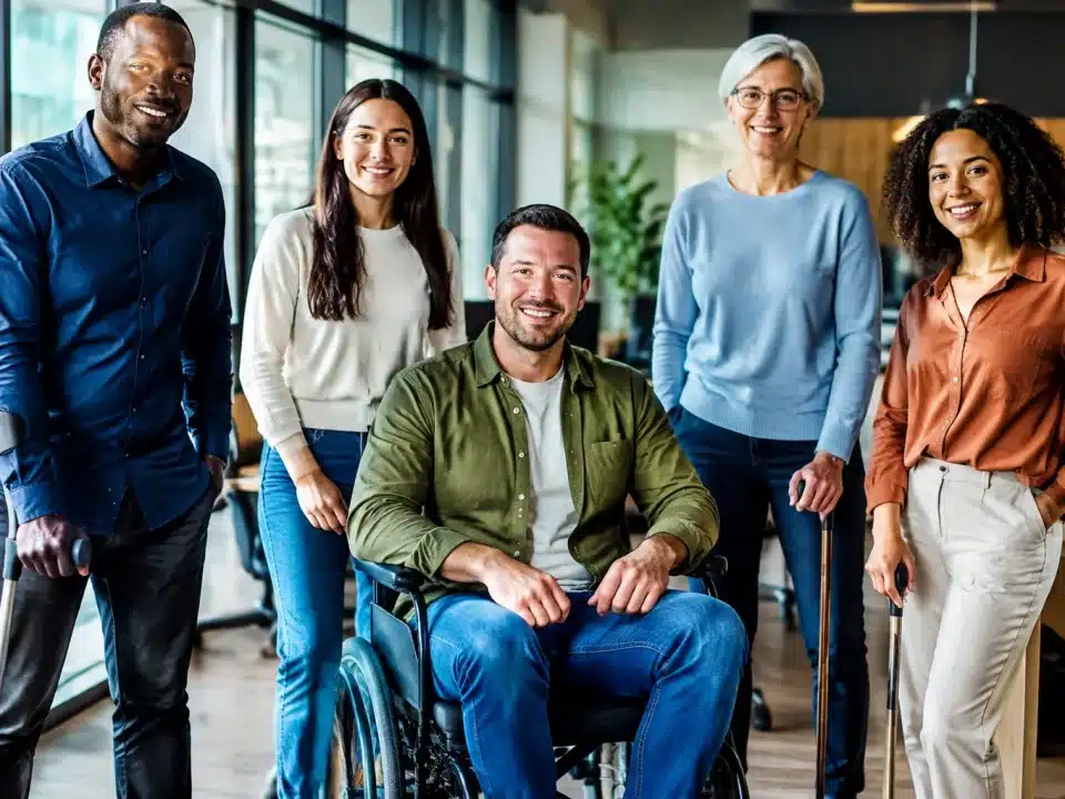Groupe de personnes debout dans bureau administratif, certaines utilisant cannes ou fauteuils roulants