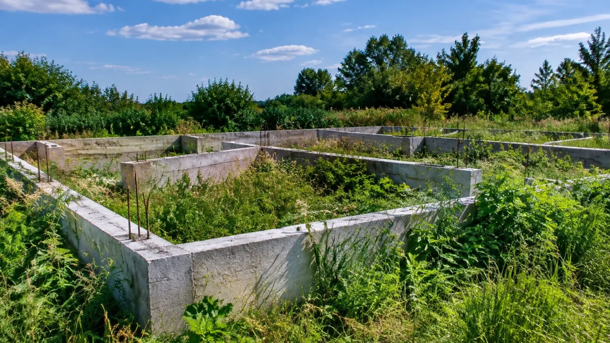 Fondations beton inachevees sur terrain nu herbes envahissantes