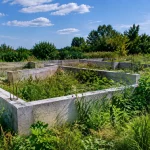 Fondations beton inachevees sur terrain nu herbes envahissantes