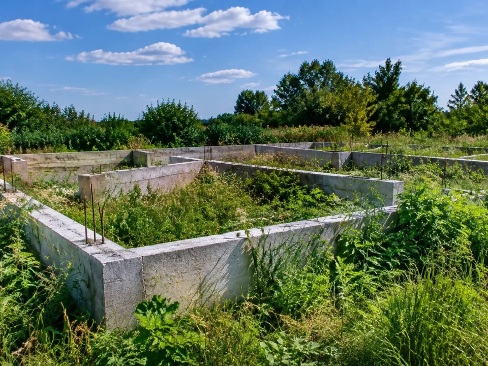Fondations beton inachevees sur terrain nu herbes envahissantes