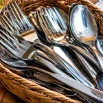 Fourchettes et cuilleres brillantes serrees dans le panier