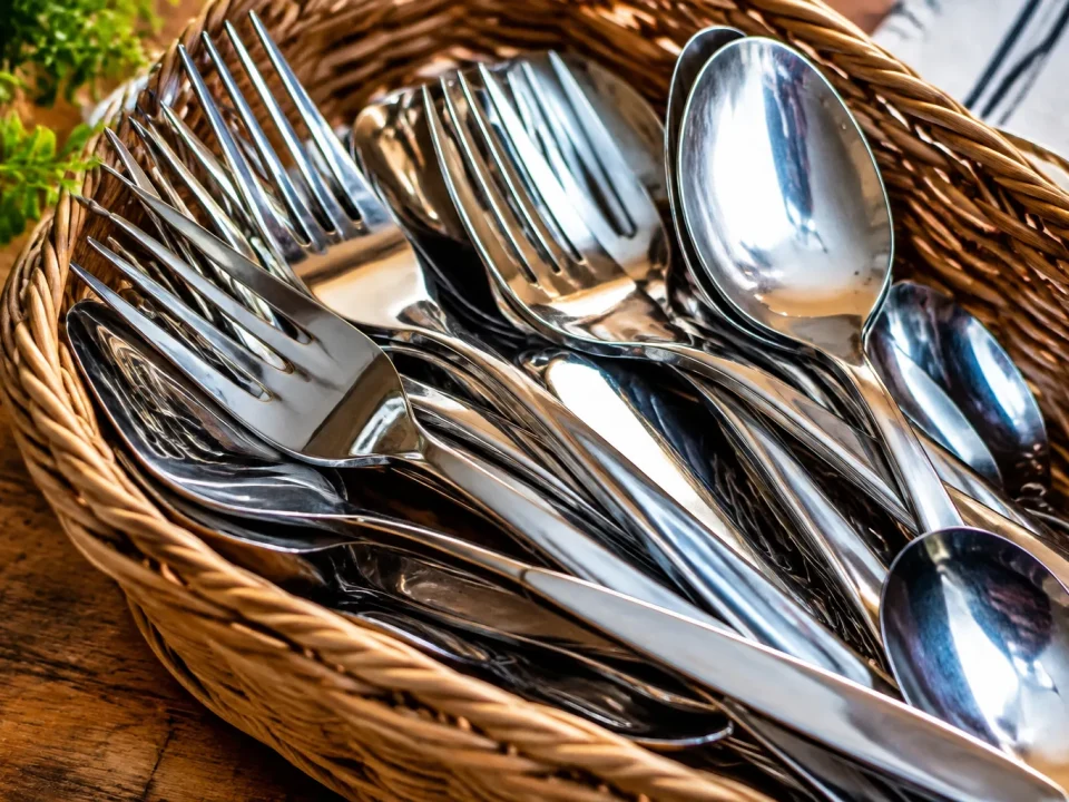Fourchettes et cuilleres brillantes serrees dans le panier