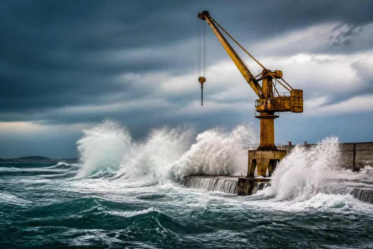 Grue industrielle affrontant les vagues dechainnees
