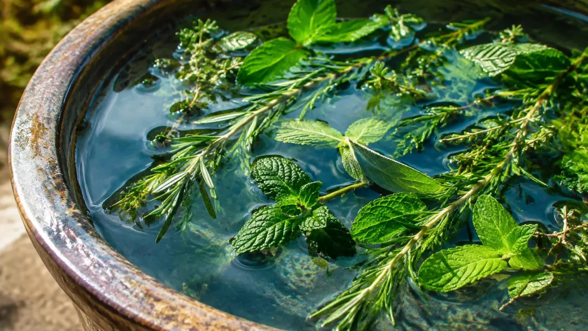 Herbes aromatiques flottantes horizontalement sur l'eau d'une large vasque