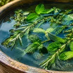 Herbes aromatiques flottantes horizontalement sur l'eau d'une large vasque