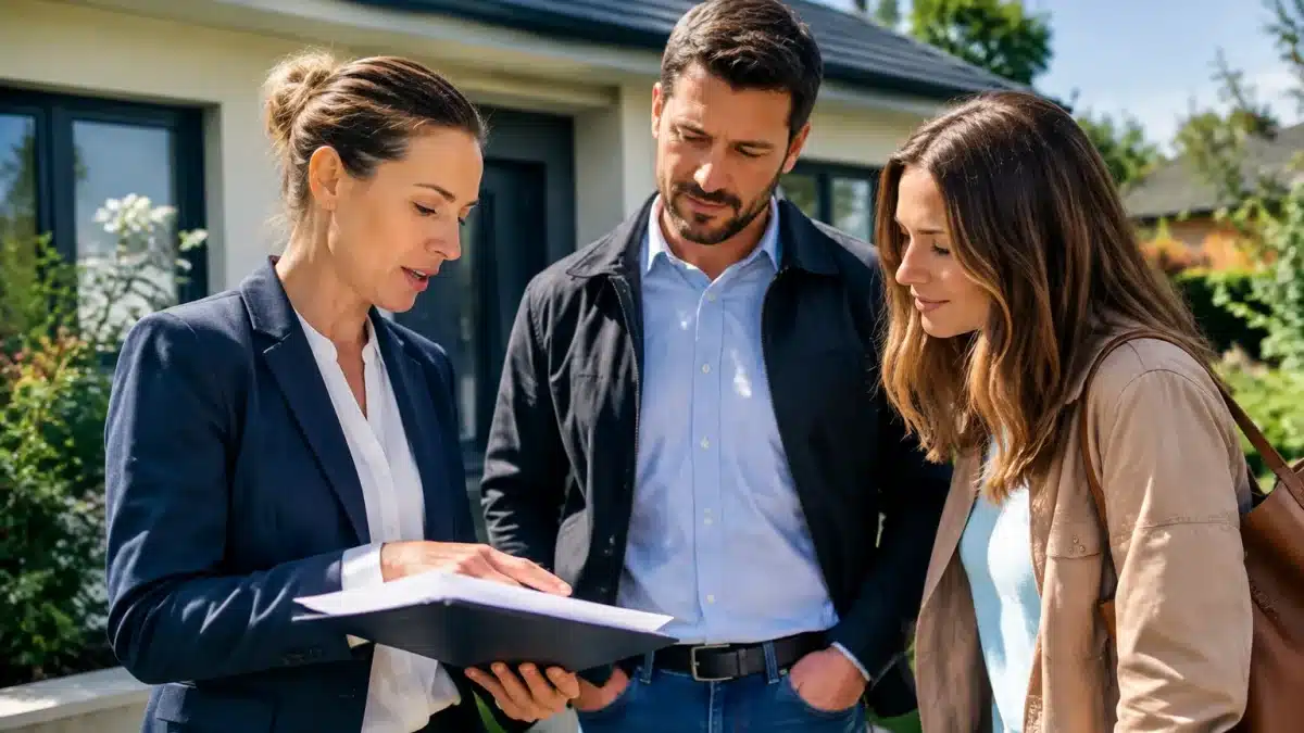 Notaire tenant document devant maison avec deux personnes