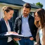 Notaire tenant document devant maison avec deux personnes