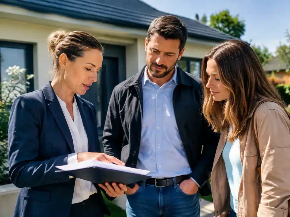 Notaire tenant document devant maison avec deux personnes