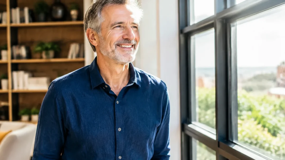 Homme age debout souriant pres de fenetre lumineuse