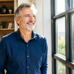 Homme age debout souriant pres de fenetre lumineuse