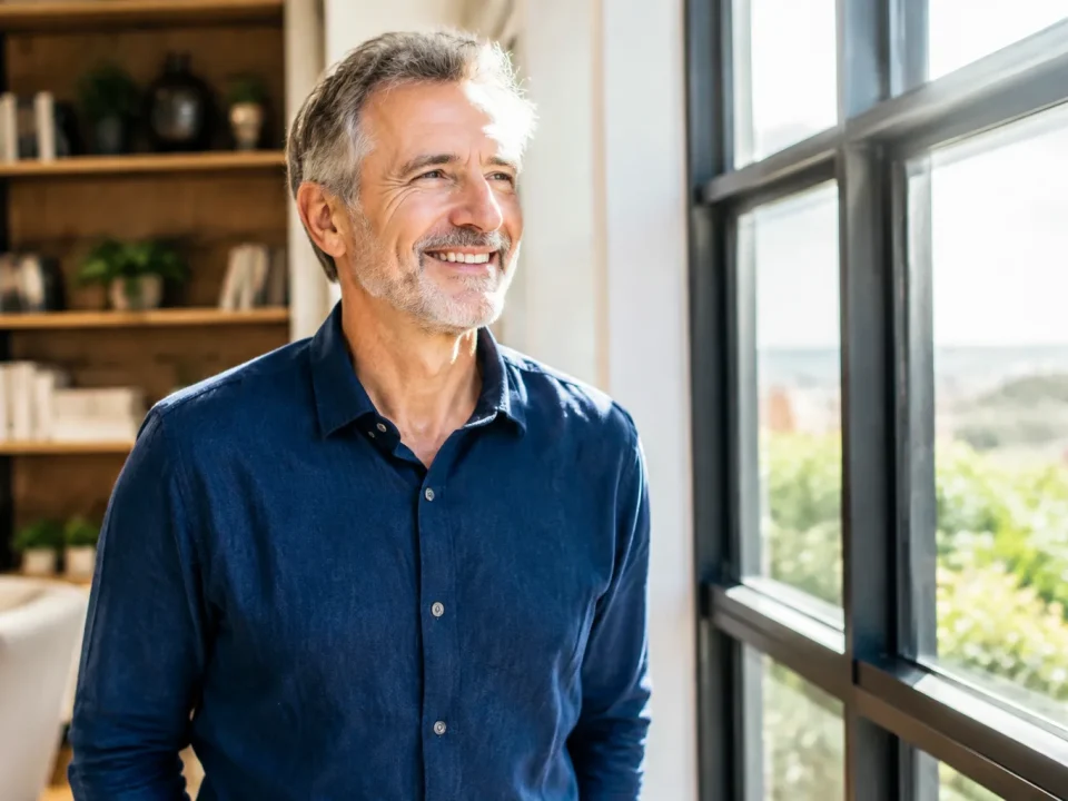 Homme age debout souriant pres de fenetre lumineuse