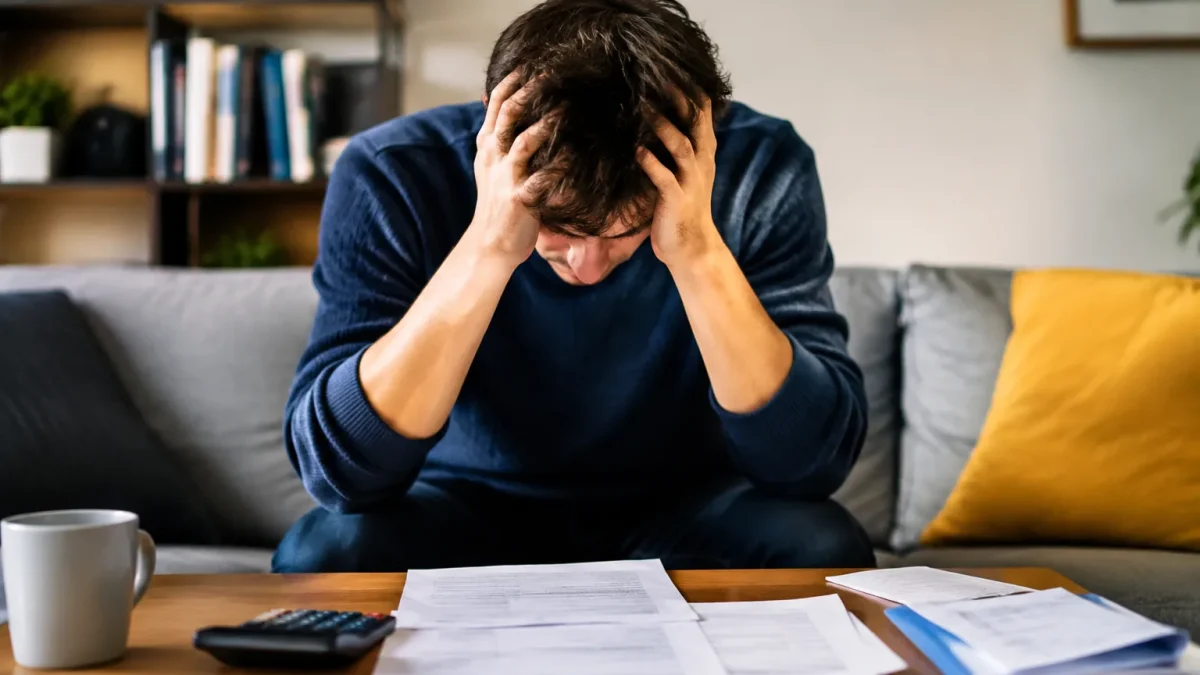 Homme assis tete baissee etudiant factures logement