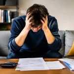 Homme assis tete baissee etudiant factures logement