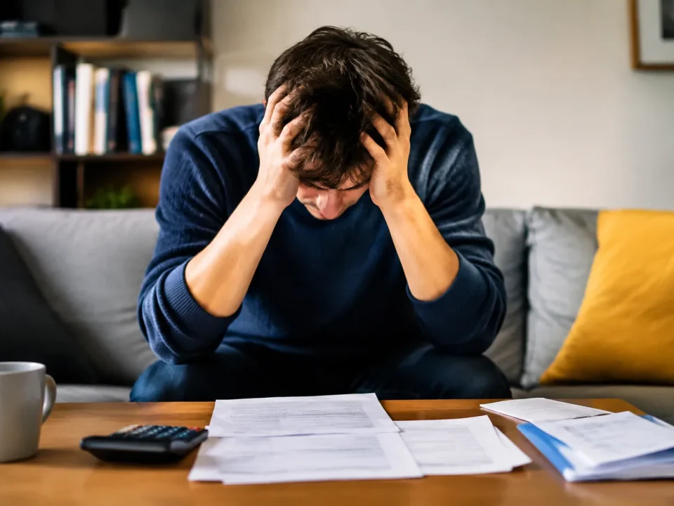 Homme assis tete baissee etudiant factures logement