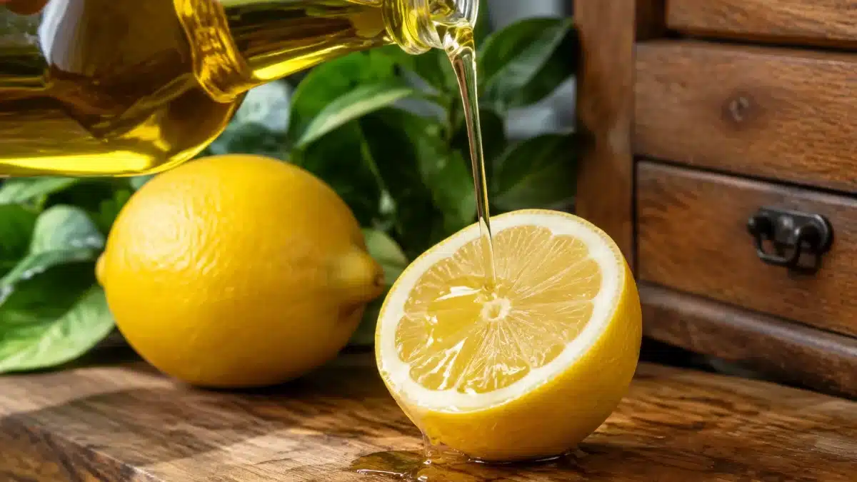Bouteille d'huile versée sur citron frais près meuble bois
