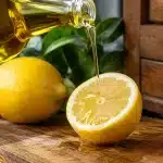 Bouteille d'huile versée sur citron frais près meuble bois