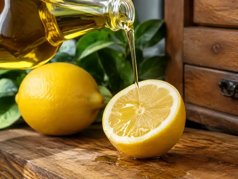 Bouteille d'huile versée sur citron frais près meuble bois