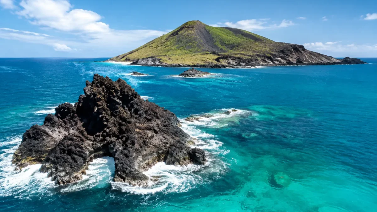 Iles volcaniques noires surgissent de l'ocean turquoise