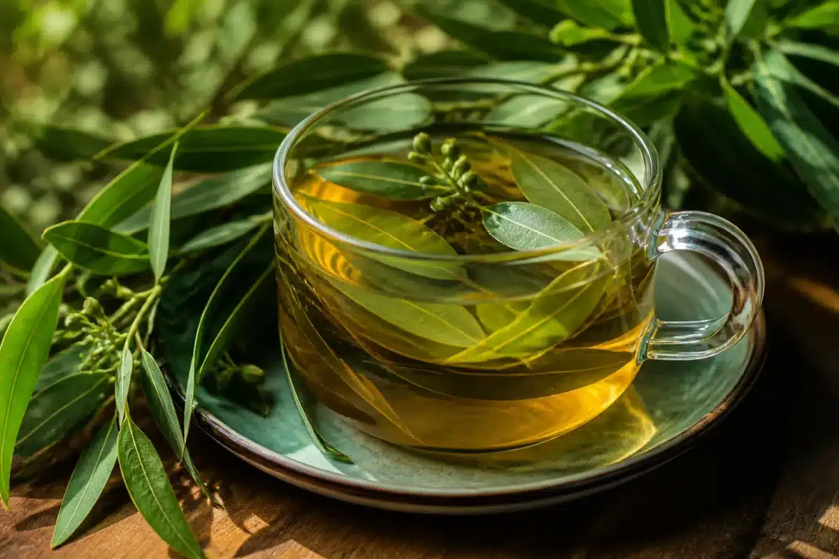 Tasse de the avec feuilles eucalyptus citron fraiches