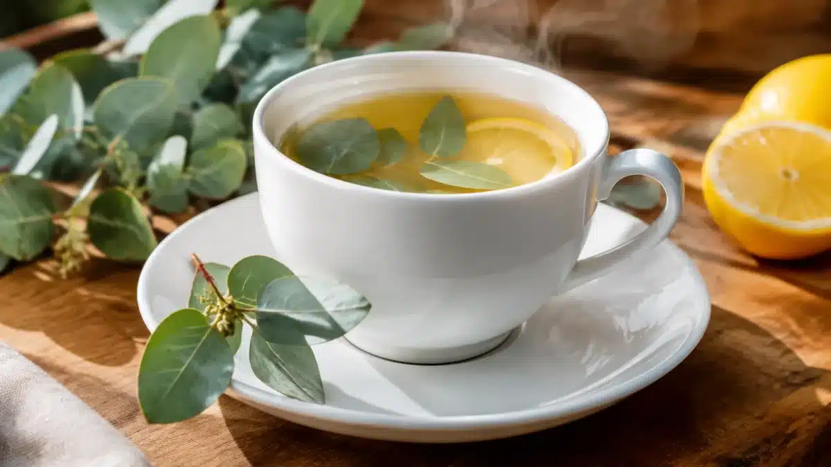 Tasse de porcelaine blanche contenant infusion fumante eucalyptus citron