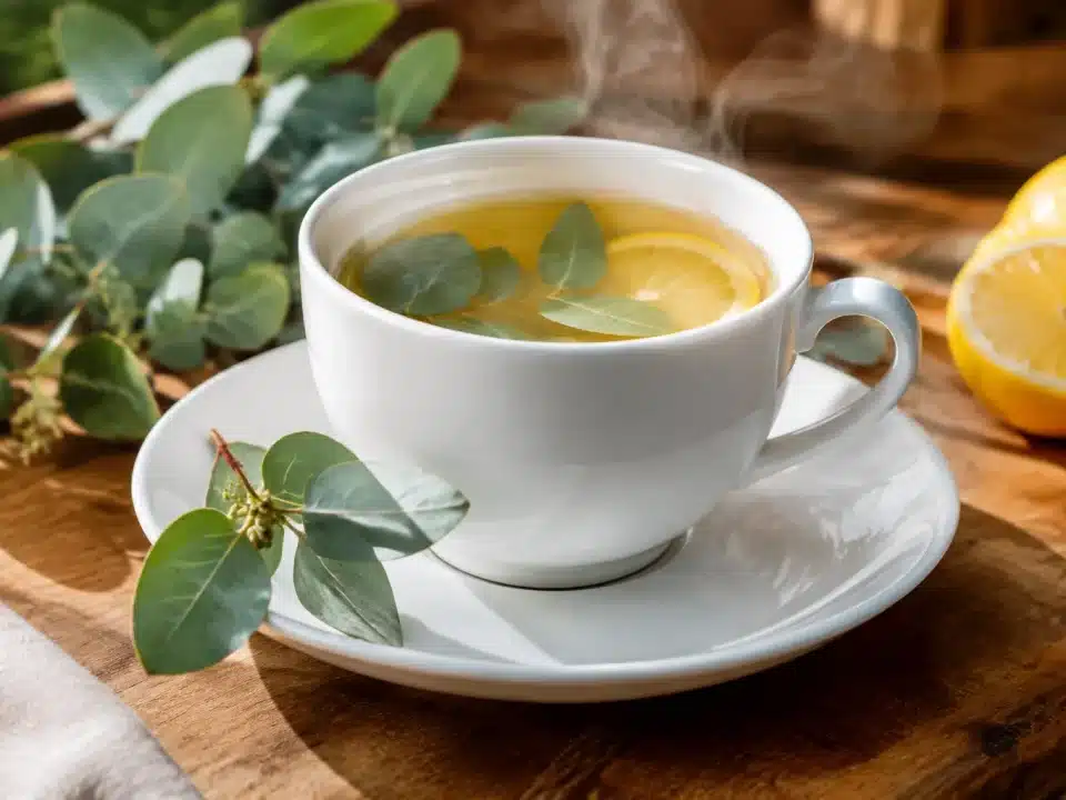 Tasse de porcelaine blanche contenant infusion fumante eucalyptus citron