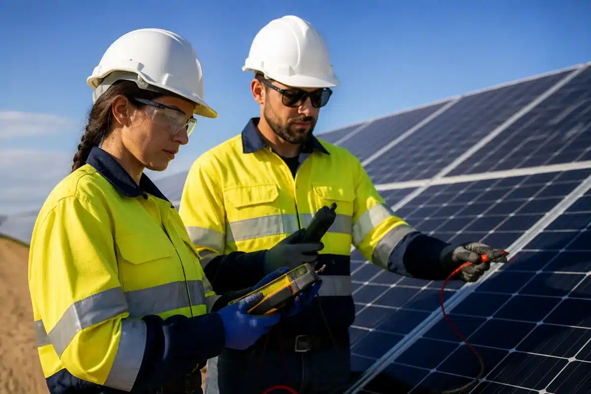 Ingénieurs observant panneaux solaires avec instruments mesure contrôlée