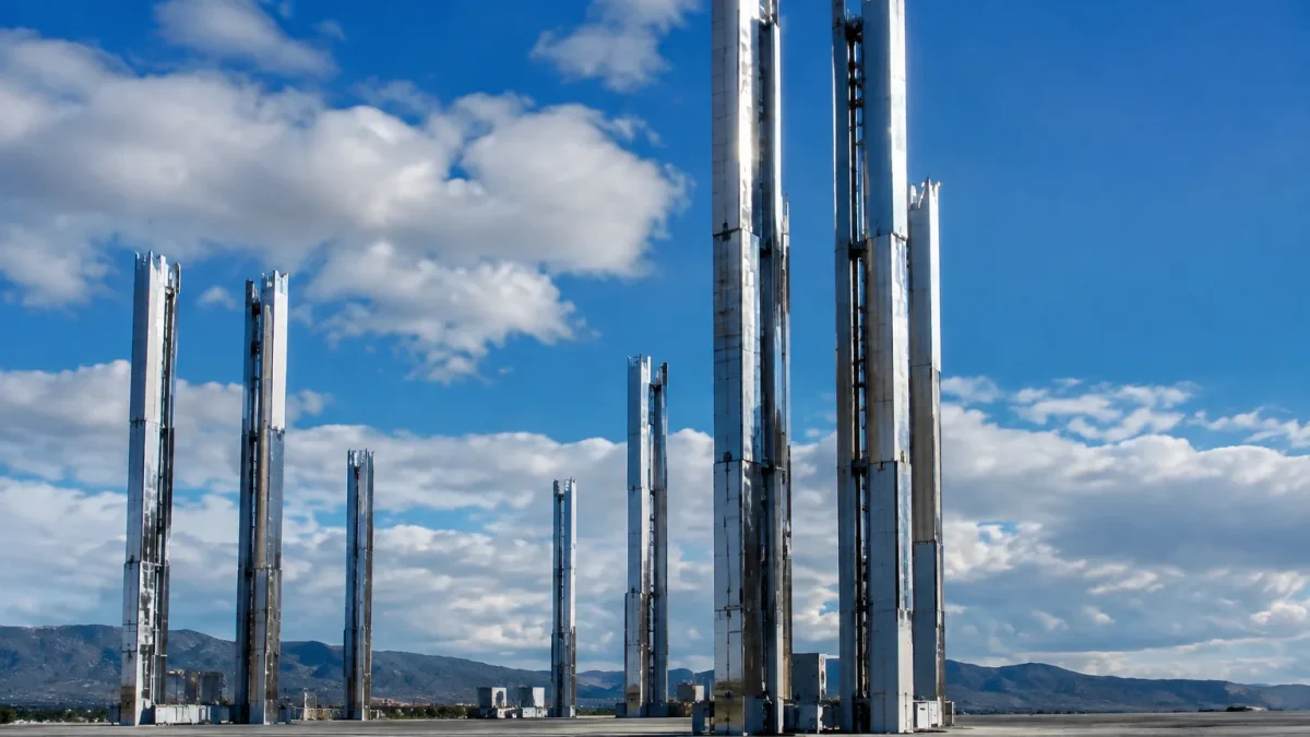 Installations metalliques enormes s'elevent verticalement sur terrain plat gris