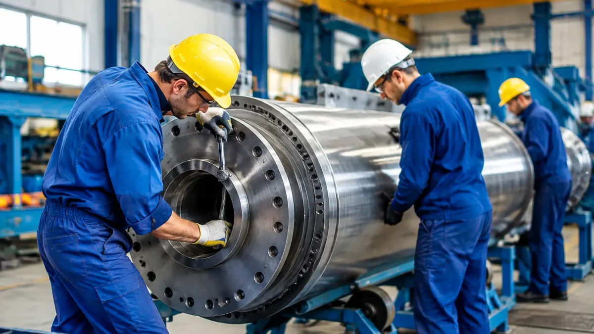 Ouvriers assemblant un large cylindre metallique horizontal dans atelier industriel