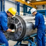 Ouvriers assemblant un large cylindre metallique horizontal dans atelier industriel