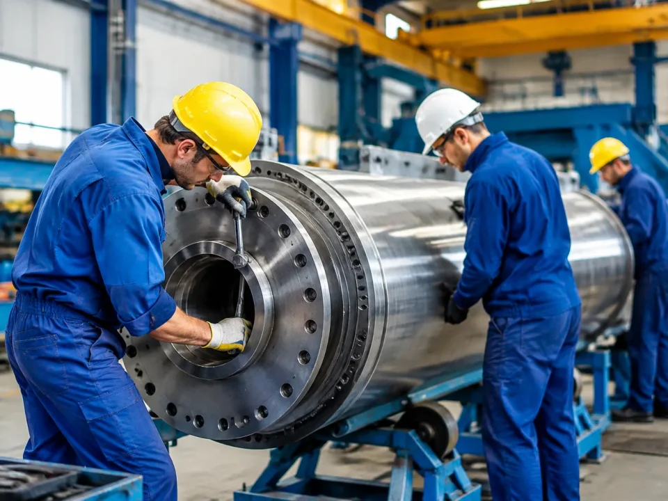 Ouvriers assemblant un large cylindre metallique horizontal dans atelier industriel
