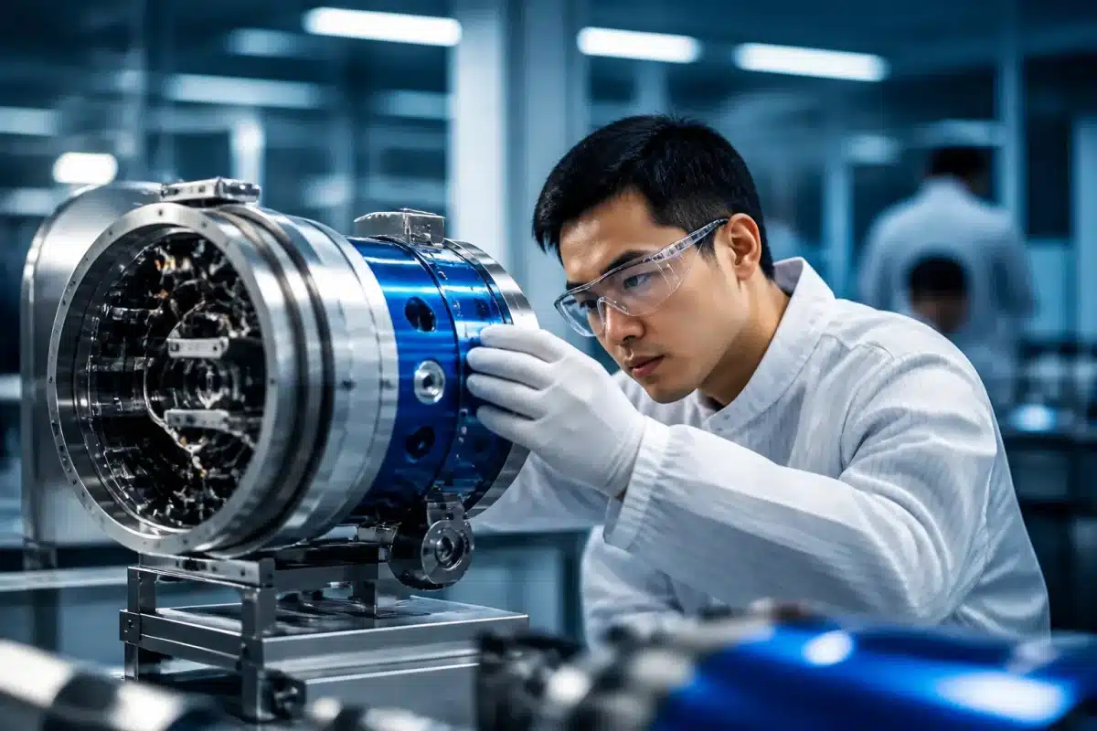 Composants technologiques bleus et métalliques assemblés dans laboratoire international