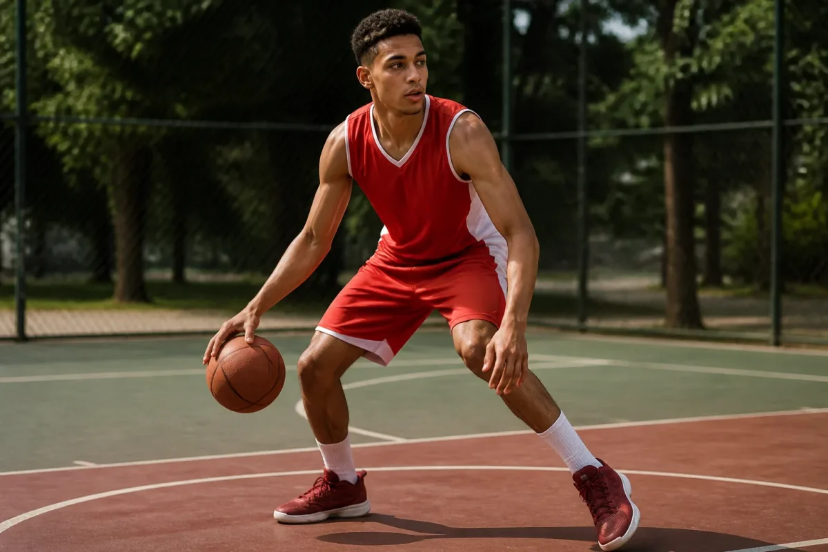 Jeune basketteur en uniform rouge blanc sur terrain