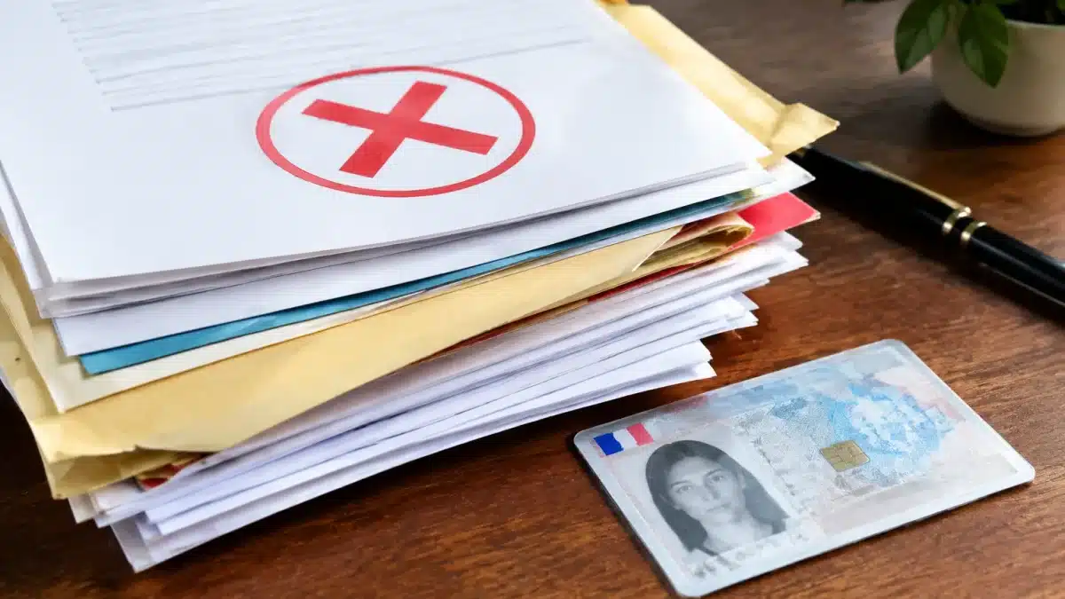 Pile de documents administratifs rejetés près d'une carte d'identité