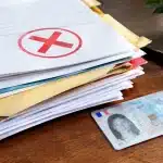 Pile de documents administratifs rejetés près d'une carte d'identité