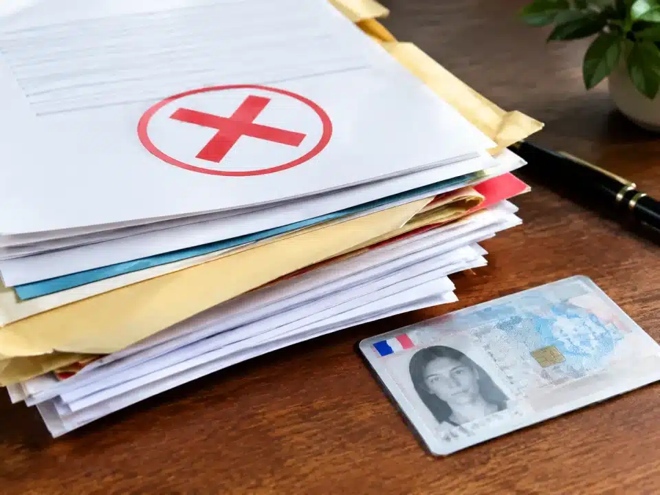 Pile de documents administratifs rejetés près d'une carte d'identité