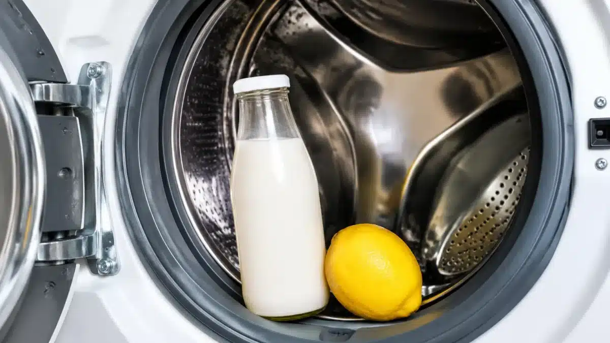Bouteille de lait et citron posés sur le tambour ouvert d'une machine à laver