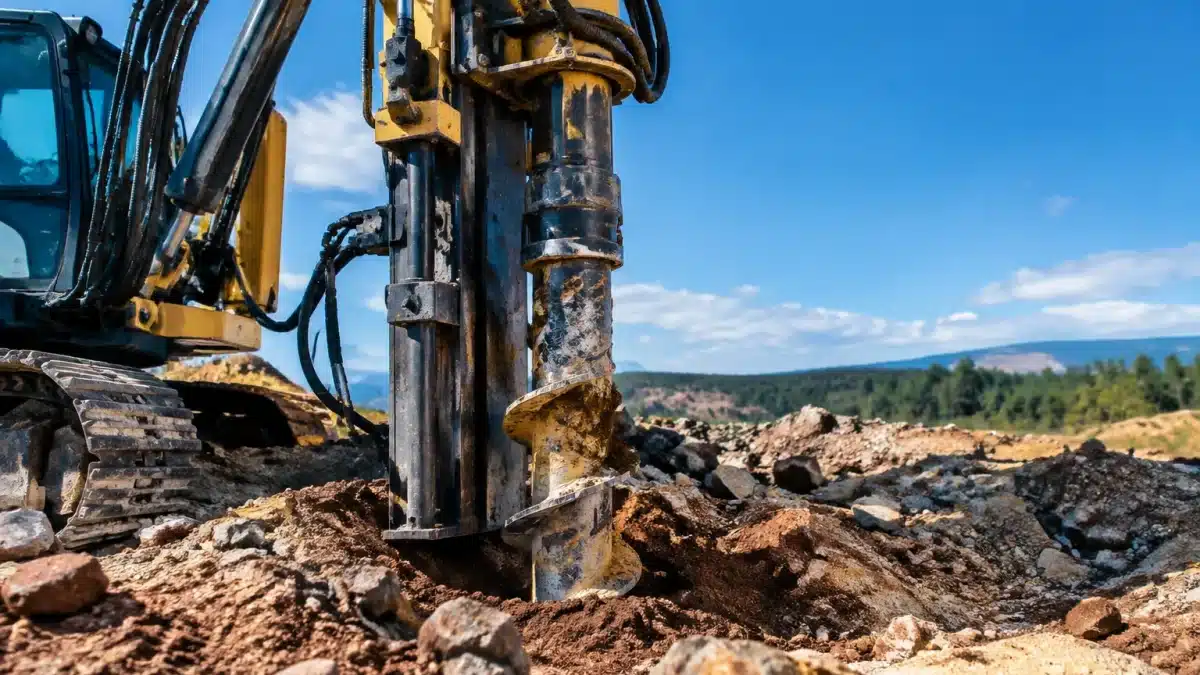 Foreground shows drilling equipment positioned vertically into rocky earth layer