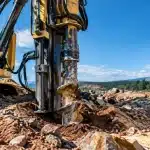 Foreground shows drilling equipment positioned vertically into rocky earth layer