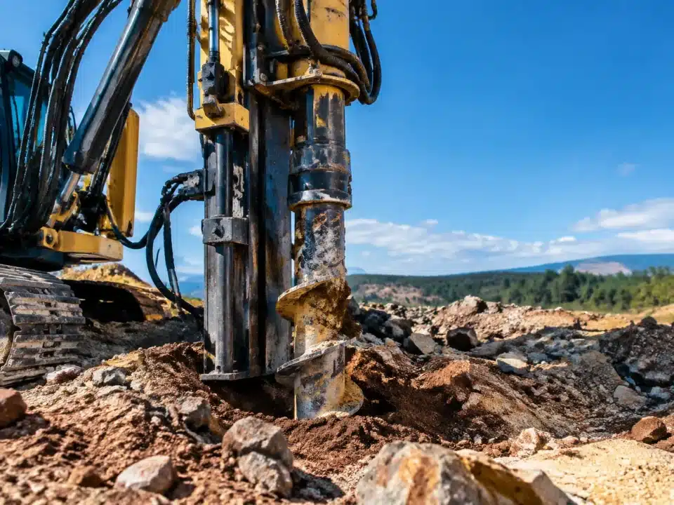 Foreground shows drilling equipment positioned vertically into rocky earth layer