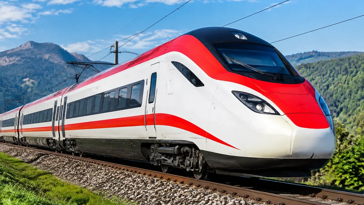 Locomotive profil aerodynamique blanc rouge incline en avant