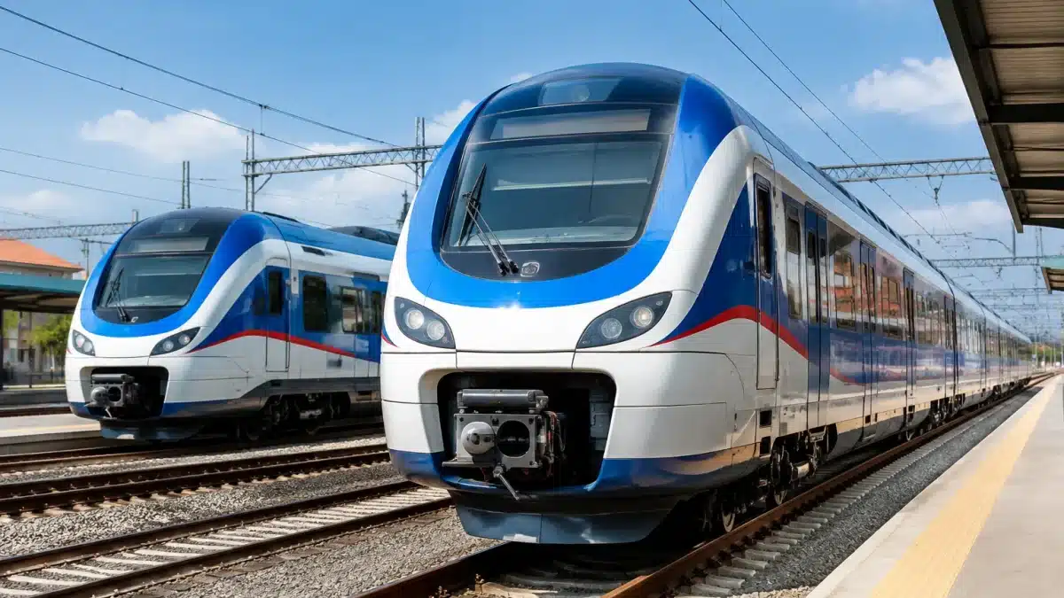 Locomotives modernes alignees sur rails de gare ferroviaire