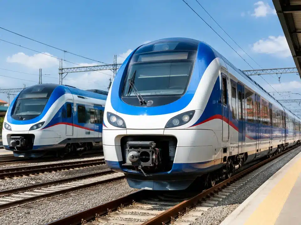 Locomotives modernes alignees sur rails de gare ferroviaire