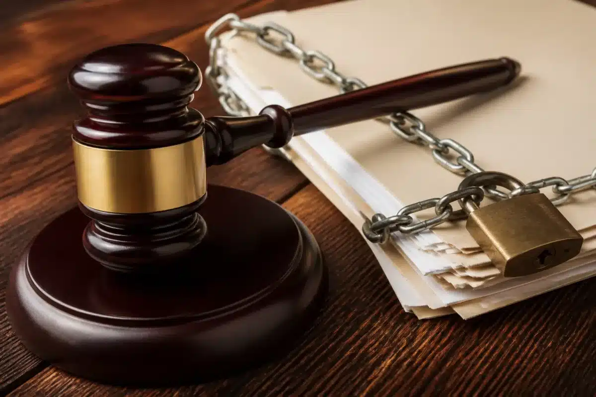 Marteau juge avec document légal et cadenas fermé