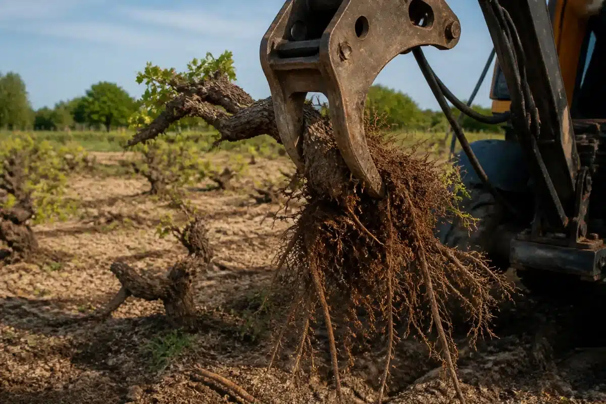 Machine arrache pieds vignes avec racines sur terrain nu